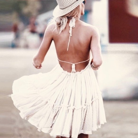 New Backless Boho Mini Dress Halter Tie Layered Swiss Dot Babydoll - Picture 12 of 12